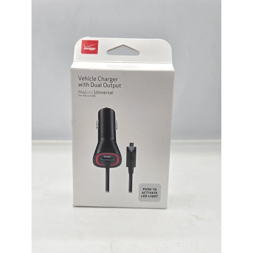 Verizon Micro USB Vehicle Car Charger Dual Output LED Light 9ft Coiled Cable